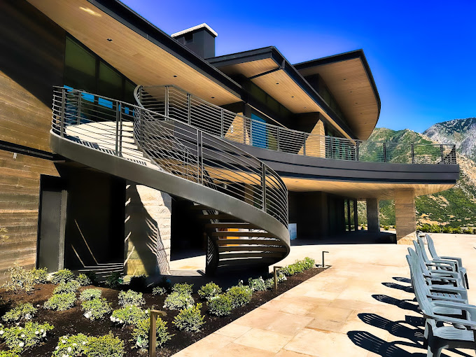 Custom architectural spiral staircase exterior — The Colonies at White Pines Utah